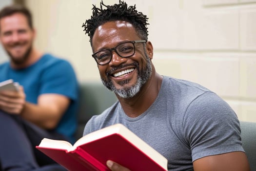 A man with glasses and a book smiles while sitting on a couch photo