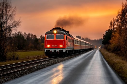 A train traveling down the tracks at sunset photo