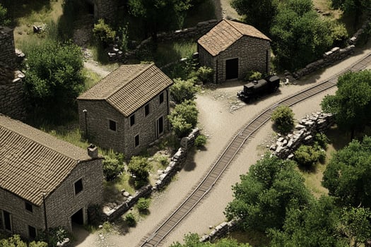 A 3d view of a village with a train track photo