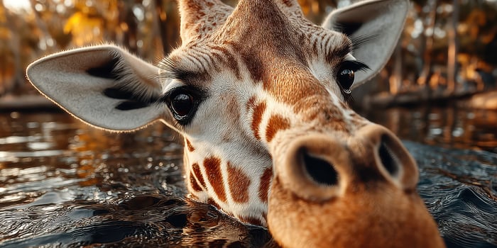 Giraffe emerges from water in tranquil environment during sunset at wildlife sanctuary photo