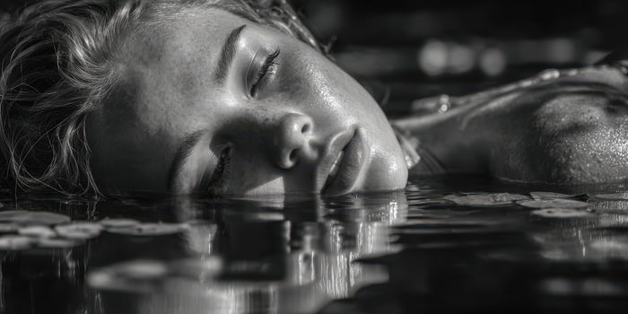 Serene moment of a woman floating on water at dusk in a peaceful natural setting photo