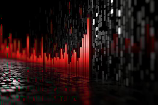 A red and black background with a bar graph photo