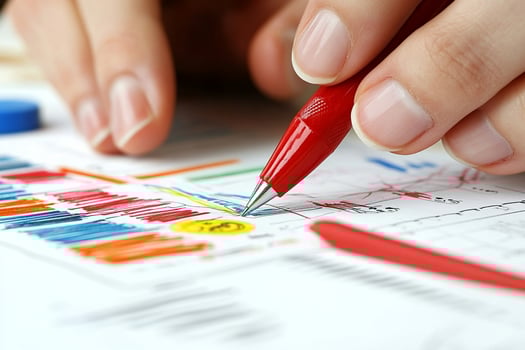 A person is holding a red pen and writing on a piece of paper photo