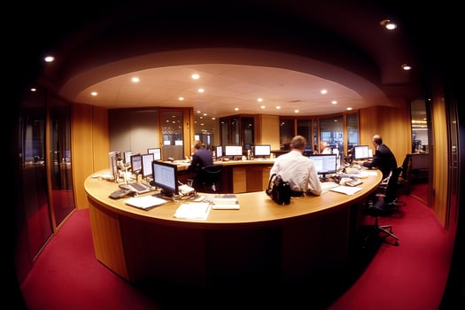 A group of people working at a desk photo