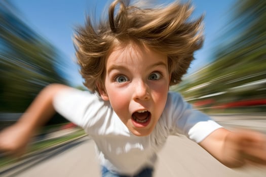 A young boy running in the street with his arms outstretched photo