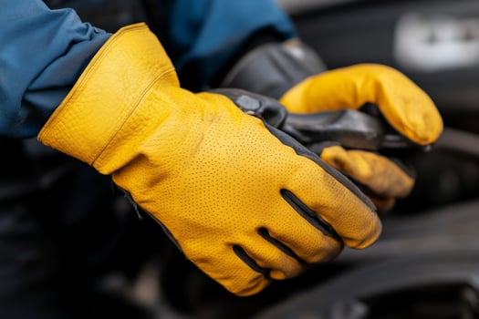 A person wearing yellow gloves is holding a tire photo