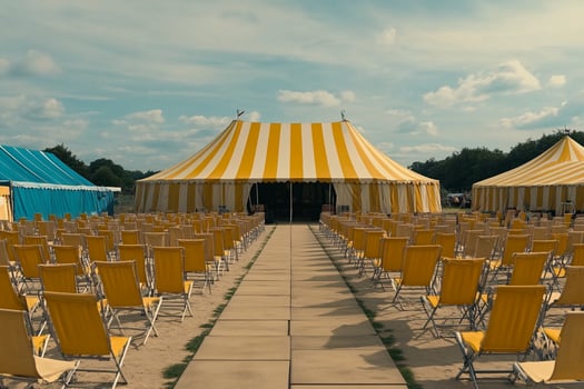 A large tent with yellow and blue chairs photo