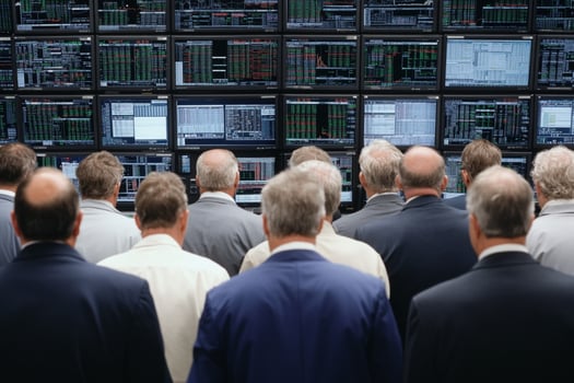A group of men in suits looking at stock market screens photo