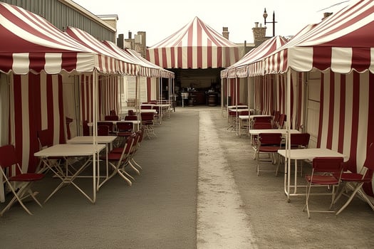 A row of tables and chairs under a red and white striped tent photo