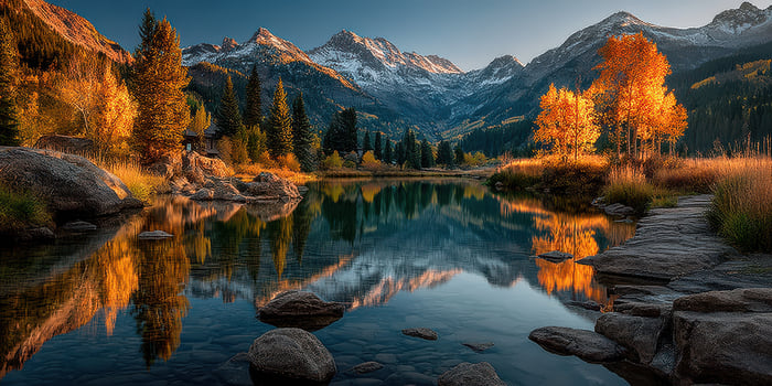 Stunning autumn landscape with colorful trees reflecting in a calm mountain lake at sunset photo