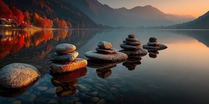 Tranquil lakeside view with stacked stones during sunset by tranquil forest and mountains in autumn photo