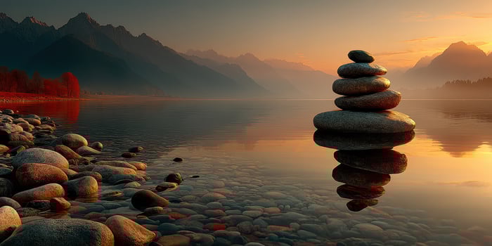 Tranquil sunset over a lake with balanced stone tower and serene mountains photo