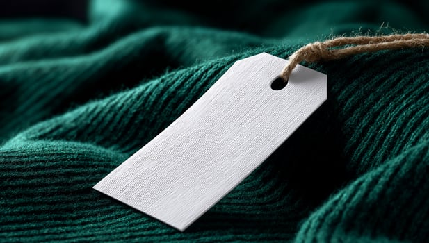 Blank price tag on emerald green fabric photo