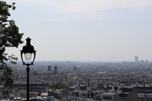 View of Paris skyline from a hillside with a vintage lamp post in the foreground on a clear day photo