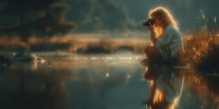 Woman capturing nature's beauty by the serene waterside during golden hour while surrounded by lush landscapes photo