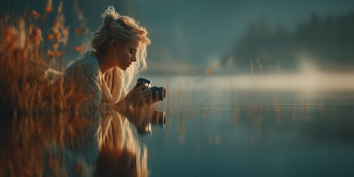 Young woman captures serene scenery by a tranquil lake during early morning light photo