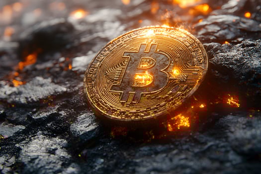 Bitcoin in Fiery Landscape Cryptocurrency Symbolism for Investment and Innovation photo