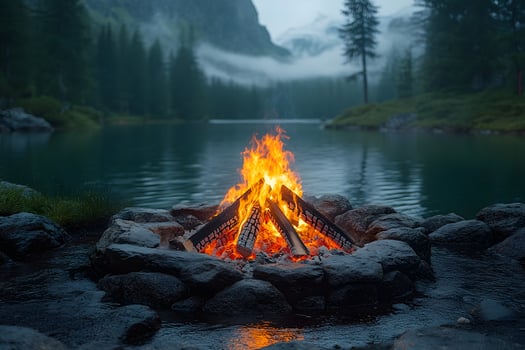 Tranquil Mountain Lake Campfire Scene for Relaxation and Nature Retreats photo