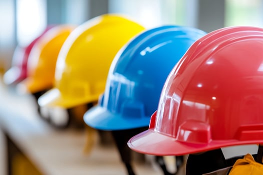 A row of hard hats in a row photo
