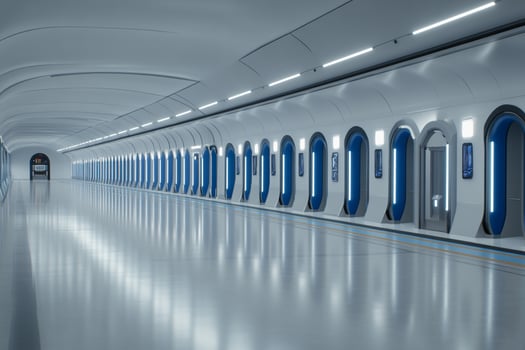 A long tunnel with blue and white doors photo