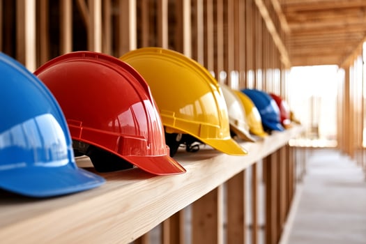 Hard hats on a wall in a construction site photo