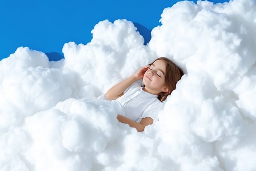 A little girl laying in a cloud of white fluffy clouds photo