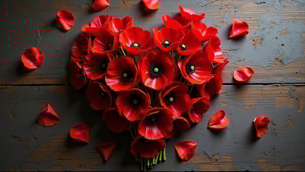 Heart-Shaped Arrangement of Red Poppies on Distressed Wood Planks photo
