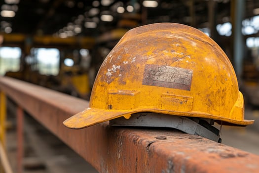 A yellow hard hat sitting on a metal rail photo