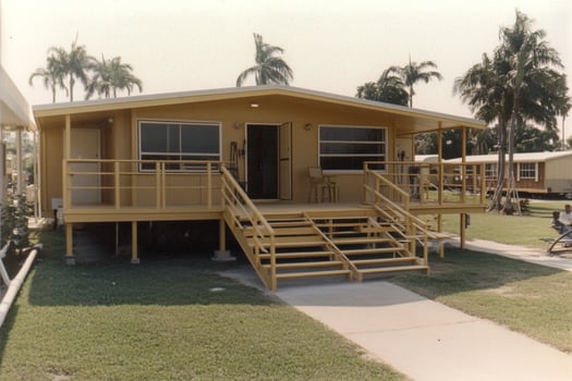 A yellow house with a porch and stairs photo