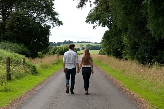 A couple walking down a country road photo