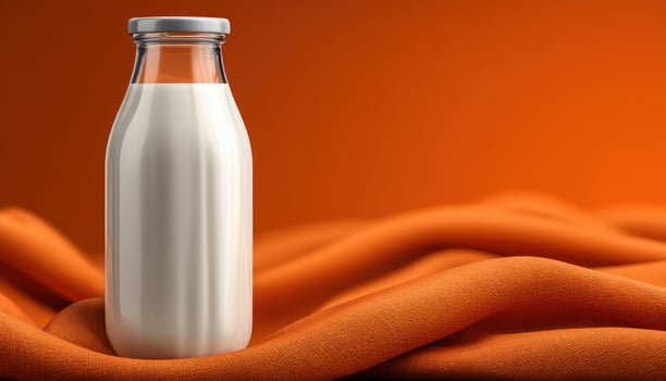 Delicious vanilla-flavored milk in classic glass bottle cozy setting product photography photo