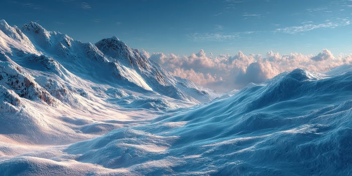 Snow-covered mountains under a clear sky at sunrise with dramatic cloud formations and shimmering snow photo