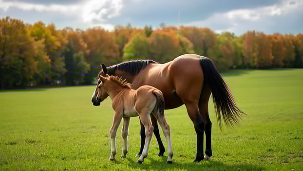 Brown Mare and Foal in Green Meadow photo