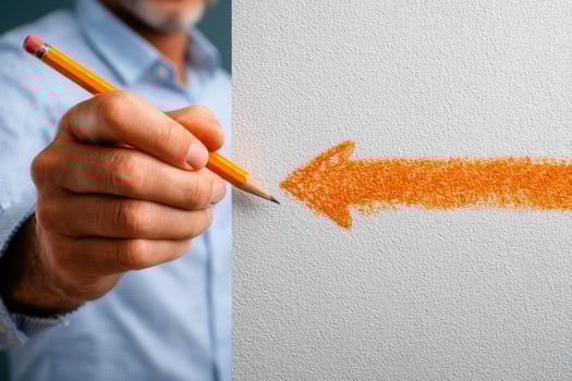 A hand holds a yellow pencil, illustrating the act of drawing an orange arrow on a textured white surface. The environment appears well-lit, focusing on the creative process. photo