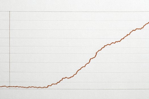 A line graph displays a significant upward trend over time, sketched in brown on a plain white canvas. The data shows gradual growth followed by a sharp increase, highlighting key developments. photo
