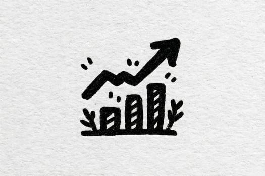 A hand-drawn growth chart features upward trending lines and bars, symbolizing increase and success. Decorative elements like plants enhance the visual appeal, set on a textured background. photo