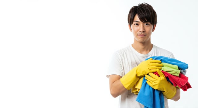 Young Asian Man with Cleaning Gloves Holding a Pile of Cloth photo