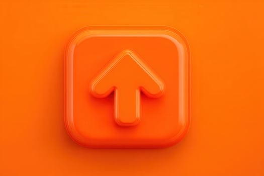 A glossy, bright orange button featuring a white upward arrow icon sits on a flat surface, symbolizing the upload function in digital interfaces. The design is modern and minimalist. photo