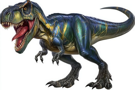 A large dinosaur stands proud, showcasing its vibrant blue and green scales. The creatures mouth is open wide, revealing sharp teeth, while it displays powerful limbs and a long tail. photo