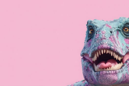 Dinosaur with open mouth showing its tongue and teeth. The dinosaur is light blue with pink spots and brown eyes, against a plain pink background. photo