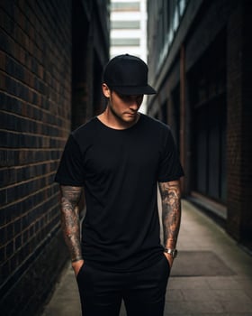 A person stands in a narrow, dimly lit alley with brick walls on both sides. They wear a black cap, black t-shirt, and black pants, with detailed tattoos covering both arms photo
