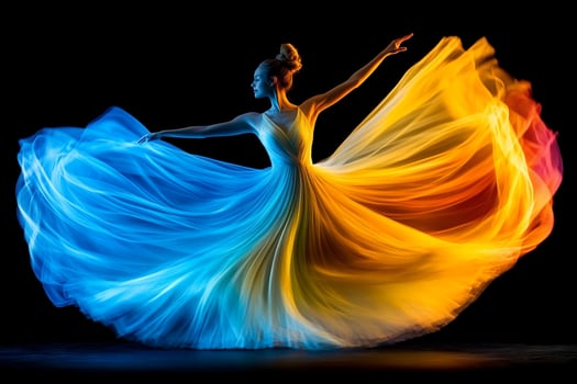 A woman in a colorful dress is dancing photo