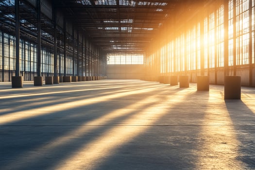 An empty warehouse with the sun shining through the windows photo