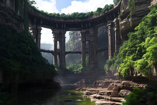 A bridge in the middle of a jungle with trees and water photo