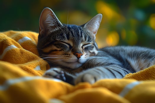 Peaceful Cat Relaxing on Soft Blanket in Warm Autumn Light photo