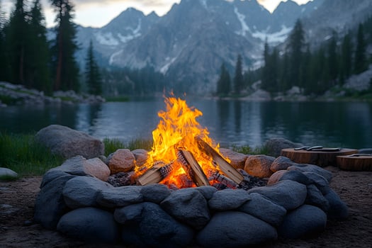 Tranquil Mountain Lake Campfire Scene at Dusk for Outdoor Adventure Inspiration photo