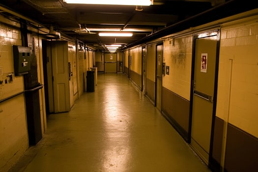 A long hallway with many doors and a light photo