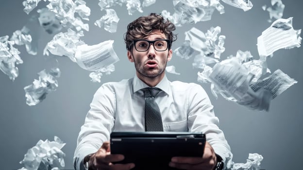 A man in a white shirt and tie, sitting at a desk with a laptop, surrounded by crumpled papers and a computer monitor. photo