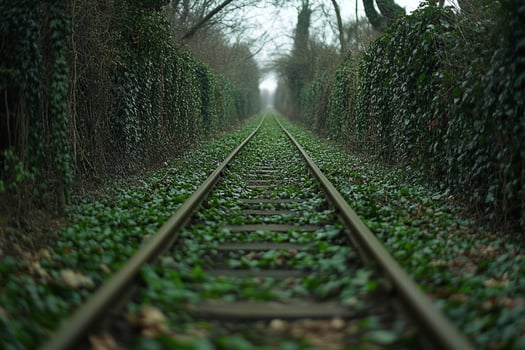 A train track surrounded by green plants photo