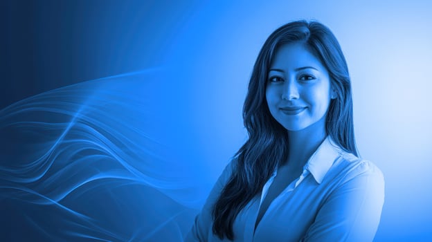 A smiling woman with long dark hair, wearing a white shirt, standing against a blue background with a wave-like pattern. photo